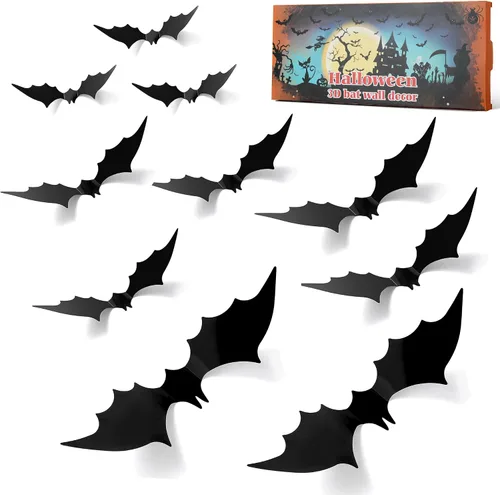 Decoración de murciélago de Halloween, 56 calcomanías realistas de terror 3D de PVC negro, 4 tamaños de decoraciones de pared de Halloween,