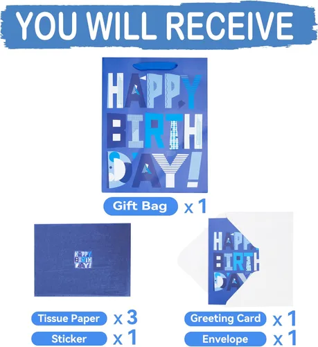 Miniatura 4 de wishinside Juego de bolsas de regalo azules grandes de 13 pulgadas con tarjeta de felicitación y papeles de seda (feliz cumpleaños azul) para fiesta