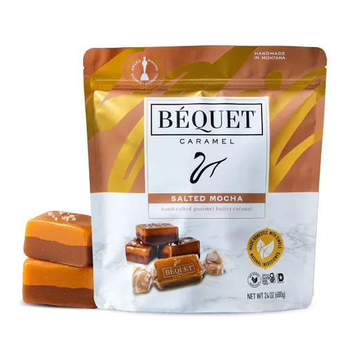 Béquet Caramelo, caramelo gourmet de moca salado, caramelo de café envuelto individualmente, caramelo de sal marina gourmet, fabricado en Montana,