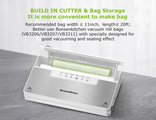 Miniatura 6 de Bonsenkitchen Máquina selladora al vacío, sellador de alimentos de acero inoxidable con 1 rollo y 5 bolsas, 5 modos de vacío de alimentos, cortador