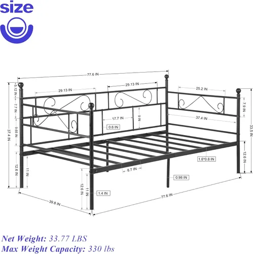 Miniatura 2 de Marco de Cama Diurna Tamaño Twin, Cama Diurna Marco de Cama Diurna de Metal Negro con Cabecero, Base de Plataforma de Colchón que Reemplaza