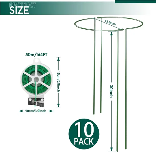 Miniatura 2 de Paquete de 10 estacas de soporte para plantas de 30 pulgadas, jaula de anillo de soporte de peonía semicircular resistente, estacas de metal