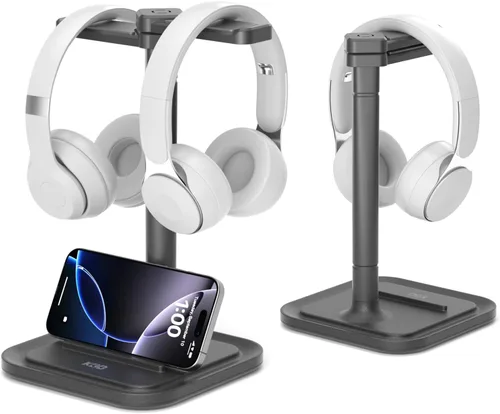 KDD Soporte doble para auriculares para escritorio, colgador giratorio para auriculares con soporte para teléfono, base antideslizante extraíble