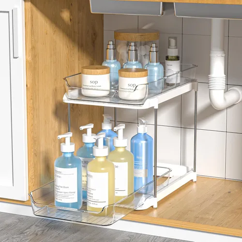 Miniatura 19 de Delamu - Organizadores y almacenamiento de 2 niveles para debajo del fregadero del baño, multiuso, apilables, organización de cocina y despensa