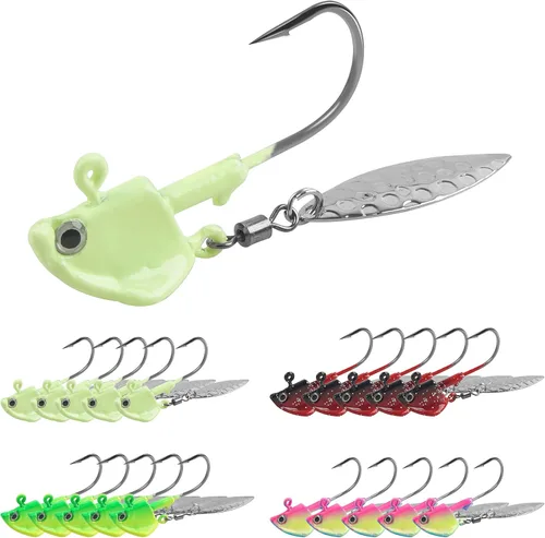 Miniatura 11 de Jig Heads anzuelos de pesca, 10 piezas de Walleye Jigs Spinner Baits Underspin Jig Heads con hoja de sauce colorido pintado resplandor plantillas