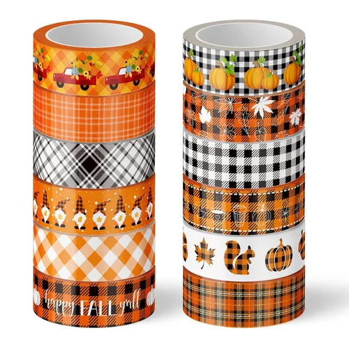 Whaline 12 rollos de cintas Washi a cuadros de otoño, búfalo colorido, calabaza, camión, hojas de arce, patrón de gnomo, cinta adhesiva decorativa