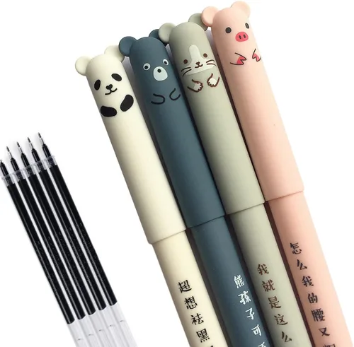 4 piezas/set Kawaii Pig Bear Cat Mouse Bolígrafos de gel borrables para la escuela, oficina, papelería, regalo 0.35mm Tinta azul y negra 4 Negro 4