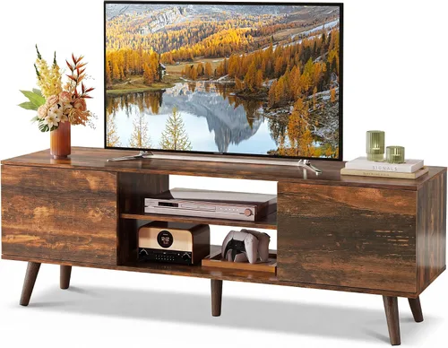 Miniatura 13 de WLIVE Soporte de TV moderno Mid-Century para TV de 55/60 pulgadas, centro de entretenimiento con almacenamiento y estantes ajustables, consola Negro