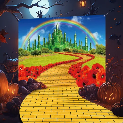 Miniatura 5 de Paquete de 4 Fondos de Camino de Ladrillos Amarillos y Castillo Esmeralda para Decoraciones de Fiesta de Mago, Camino de Piedras de Ladrillo