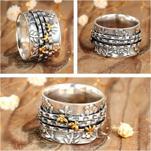 Miniatura 5 de Boho-Magic Anillo giratorio de abeja para mujer, plata de ley 925 y latón con flores