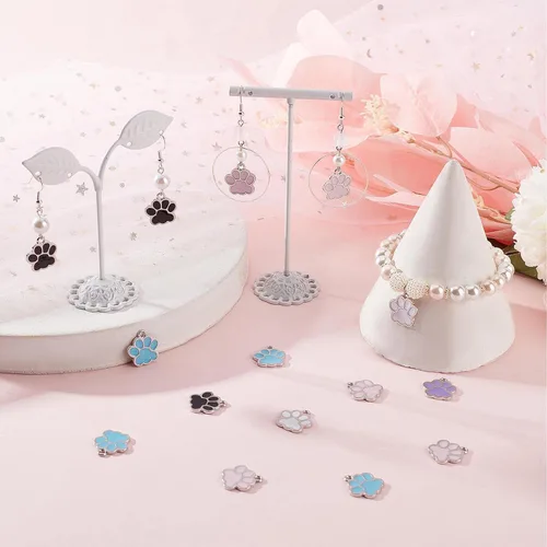 Miniatura 4 de SUNNYCLUE 1 caja de 50 dijes de pata a granel, dijes esmaltados de perro y cachorro, huella de gato, animales, negro, blanco, rosa, para hacer