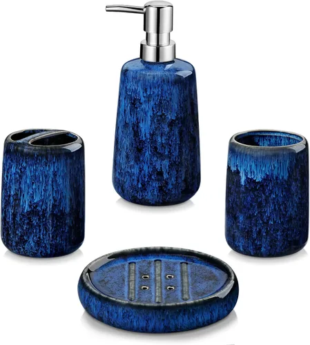 vancasso Juego de accesorios de baño azul, juego de dispensador de jabón de cerámica y soporte para cepillos de dientes, juego de 4 piezas de loza