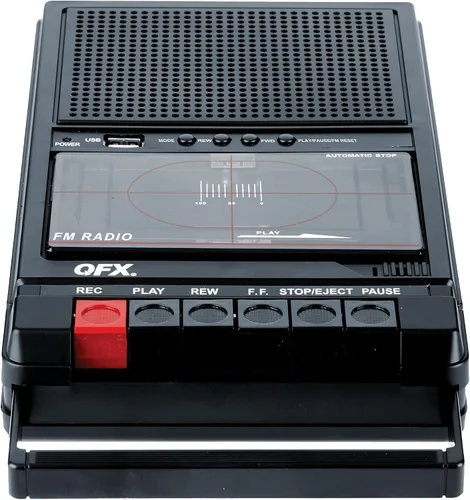 QFX RETRO-39 Grabadora de casete portátil tipo zapatera – Grabación de USB a casete, micrófono incorporado, altavoz Bluetooth de 3.5", radio FM,