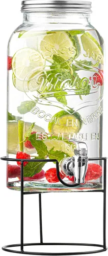 Royalty Art Mason Jar - Dispensador de bebidas de vidrio con soporte, 1 galón de vidrio en relieve sin BPA, tapa plateada, soporte de metal negro,