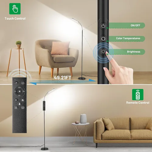 Miniatura 4 de Yikuneng Lámpara de pie LED regulable, lámparas de lectura superbrillantes, lámpara de pie con control remoto y táctil, atenuación continua y Negro