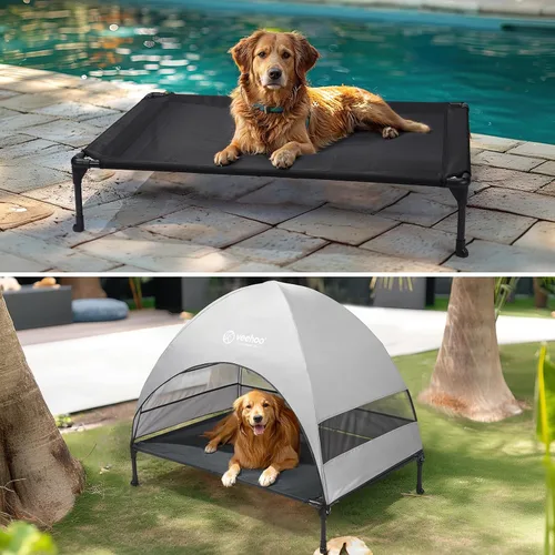 Miniatura 6 de Cama para Perros al Aire Libre Veehoo con Toldo, Catre Elevado Refrescante para Mascotas con Sombra Removible, Patas Antideslizantes, Catre Elevado