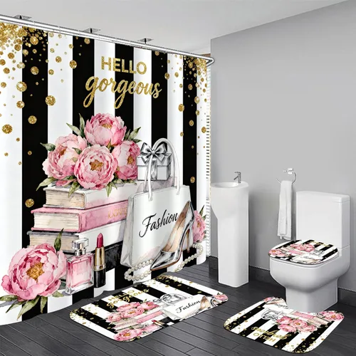 Miniatura 12 de AZHM 4 piezas Juegos de Cortinas de Ducha con Citas Inspiradoras con Alfombras, Juego de Decoración Floral de Baño con Cortina de Ducha y Alfombras