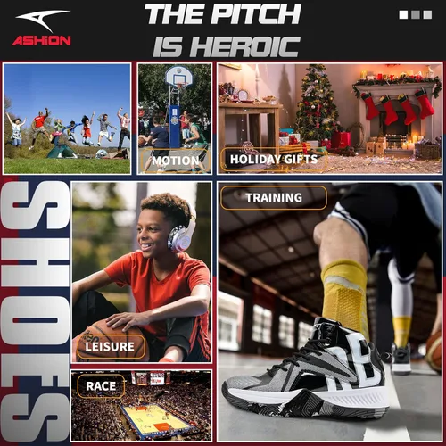 Miniatura 7 de ASHION Zapatos de baloncesto unisex para niños y niñas, tenis de caña alta, transpirables, con amortiguación al aire libre, zapatos deportivos