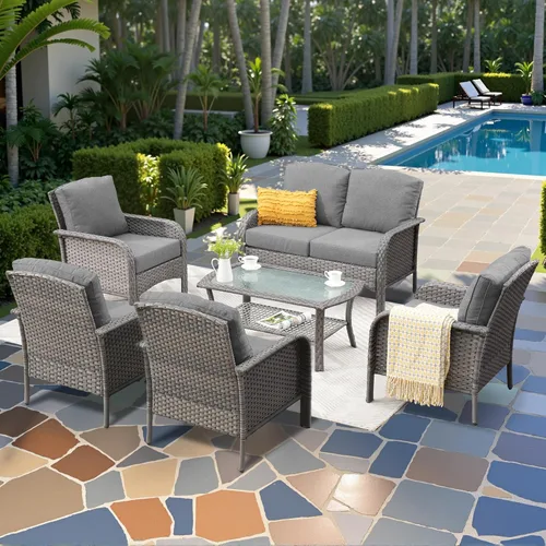Miniatura 25 de CAODOC Juego de muebles de mimbre para patio, 4 piezas, para todo tipo de clima, sofá biplaza y mesa para patio trasero, balcón y terraza
