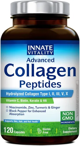 Innate Vitality Péptidos de colágeno para mujeres y hombres, biotina, ácido hialurónico, cúrcuma, queratina, vitamina C, niacinamida, múltiples