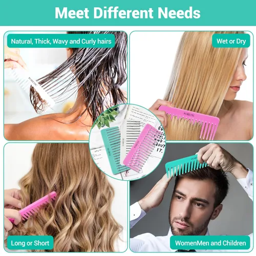 Miniatura 6 de Juego de 3 peines grandes de dientes anchos para mujeres, hombres y niños, desenredante hecho a mano para cabello rizado, largo y corto, corte