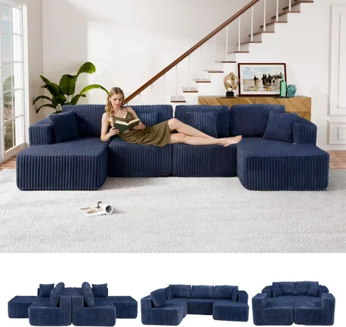 Miniatura 17 de Sofá cama modular en forma de U de 141.73 pulgadas, sofá de pana modular 6 en 1 con sensación suave como una nube, bolsa de almacenamiento