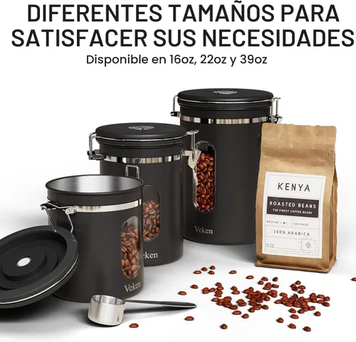 Miniatura 7 de Veken Recipiente de café con ventana, recipiente hermético de almacenamiento de alimentos de cocina de acero inoxidable con tapas, rastreador