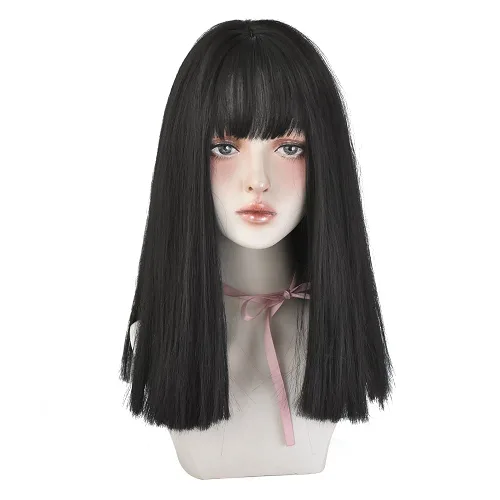 Miniatura 11 de Peluca de Cabello Largo Negro Liso con Flequillo Sintética de Alta Densidad Peluca de Cabello Largo para Mujeres (negro)