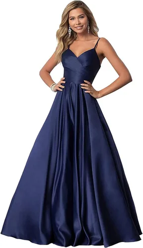TIRAS Vestidos de fiesta con cuello en V para mujer, vestido largo de fiesta de satén fruncido, vestido de noche con bolsillos CM139