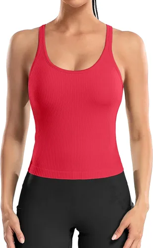 Miniatura 56 de ATTRACO Camiseta corta acanalada de entrenamiento para mujer con brasier integrado para yoga, espalda cruzada, ajuste ajustado