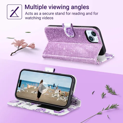 Miniatura 3 de ULAK Compatible con iPhone 15 Estuche tipo cartera para mujer, funda tipo billetera de piel PU premium con tarjetero, función de caballete, estuche