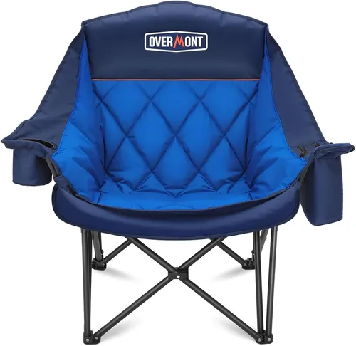 Overmont Silla de camping XL extragrande para adultos - Soporte de 204 kg, silla plegable acolchada de alta resistencia con bolsillo lateral, Azul