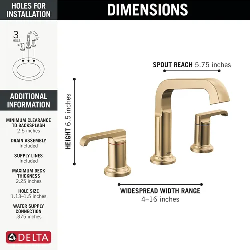 Miniatura 3 de Delta Grifo de baño Tetra Gold de 3 agujeros, grifo de baño dorado para lavabo de baño, tecnología de sello de diamante, drenaje de metal, bronce