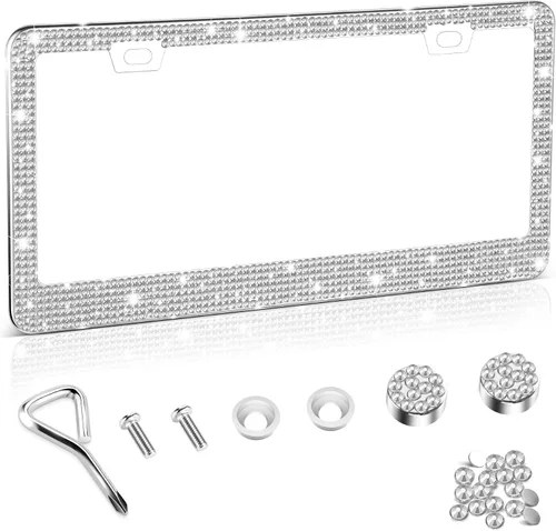 Miniatura 8 de Amiss Marco de matrícula brillante para mujer, 1 paquete de diamantes de imitación hecho a mano de cristal de acero inoxidable de alta calidad, Negro