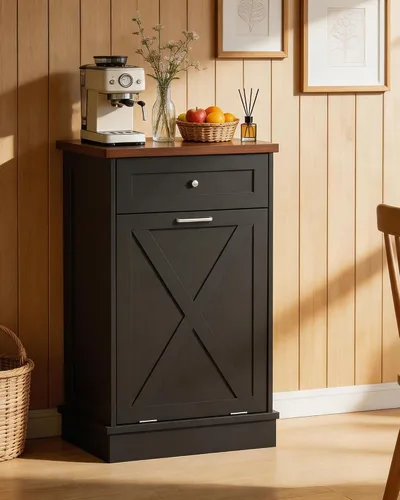 Miniatura 8 de Betterhood - Gabinete de basura basculante de 10 galones, de madera, independiente, clasificador de ropa, con cajón oculto, gabinete de basura Negro
