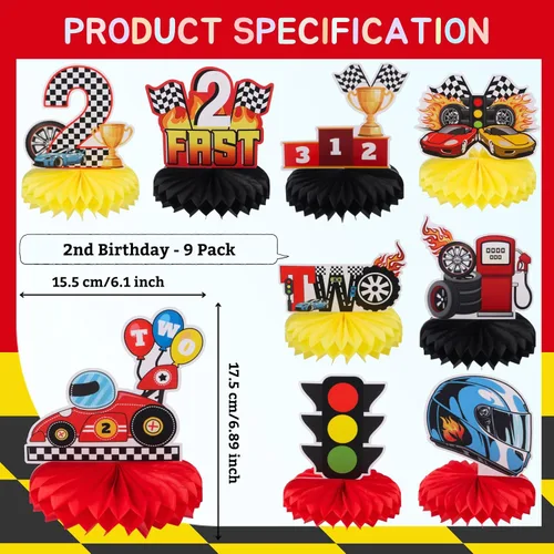Miniatura 2 de 9 piezas de centro de mesa de auto de carreras de 2º cumpleaños Let's Go Racing Two Fast Birthday Party Decoración de mesa de auto de carreras