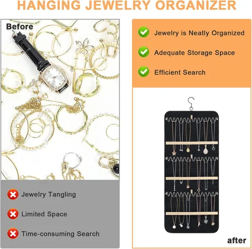 Miniatura 5 de Tefola Organizador de joyas colgante, organizador de collares de doble cara, organizador de joyas para aretes, collares, anillos, lentes