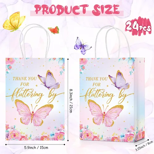 Miniatura 3 de TaoBary 24 bolsas de papel con asas para regalo de fiesta de mariposas, regalos de fiesta de cumpleaños, baby shower (estilo acuarela)