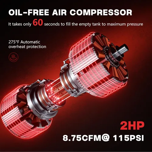 Miniatura 3 de Compresor de aire ultra silencioso de 10 galones, 2HP 3.45 CFM@115PSI tanque de compresor de aire sin aceite, 110V/60Hz, compresor de aire de 70dB