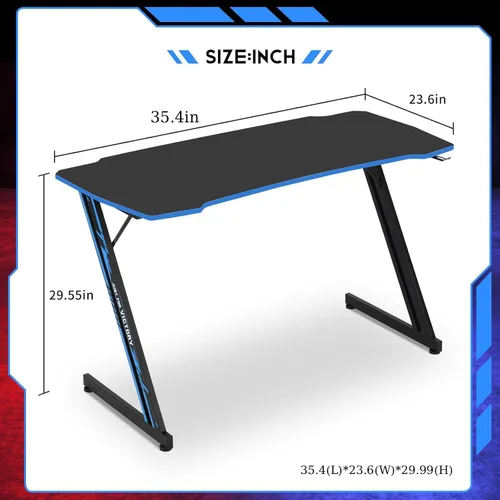 Miniatura 3 de Escritorio para juegos de 35 pulgadas en forma de Z con gancho, mesa de juegos para PC barata, escritorio de oficina en casa para cama, sofá, Azul