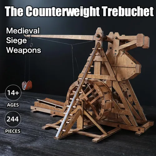 Miniatura 4 de Mini contrapeso Trebuchet con ruedas Europa Medieval Siege Carro Catapulta Armas DIY 3D Rompecabezas de madera Kits de modelos mecánicos Proyectos