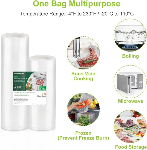 Miniatura 3 de Bonsenkitchen Bolsas de sellado de alimentos al vacío, 8 pulgadas x 50 pies y 11 pulgadas x 50 pies, rollos de bolsa de grado comercial sin BPA