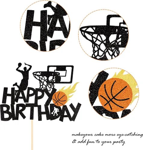 Miniatura 3 de 1 paquete de decoración de pastel de baloncesto con purpurina para fanáticos de la NBA, temática de baloncesto, selección de pastel de cumpleaños