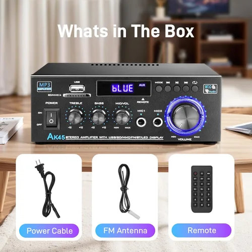 Miniatura 6 de AK45 Amplificador de audio estéreo para el hogar con receptor Bluetooth 5.0, 300 W+300 W Bluetooth HiFi AMP amplificador de potencia 2.0 canales RMS