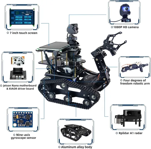 Miniatura 2 de Jetson Nano AI Robot Kit con Rplidar A1 Radar ROS Smart Tank Car DIY Robot Arm Kit de bricolaje SLAM Mapas de construcción, navegación autónoma