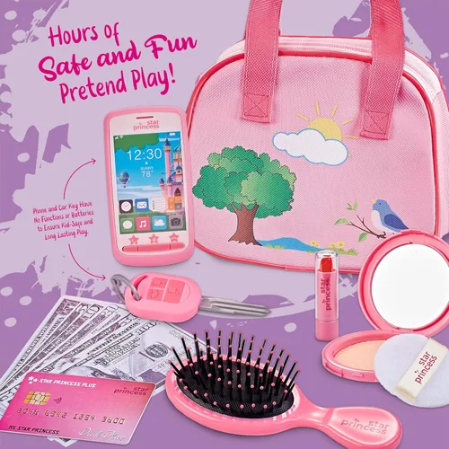 Miniatura 6 de Bolso de Juego para Niños Pequeños con Accesorios, Juguetes para Niñas con Maquillaje de Juguete, Llaves, Teléfono Inteligente, Bolso de Juguete