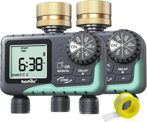 Miniatura 10 de RAINPOINT Temporizador de agua para manguera de jardín, temporizador de rociador de 2 zonas con retardo de lluvia, riego manual, riego automático