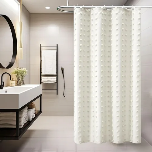 Miniatura 19 de Siiluminisoy Cortina de ducha pequeña bohemia de tela tejida, bonita cortina de ducha beige, 36 x 72 pulgadas, con pliegues mechonados, floral