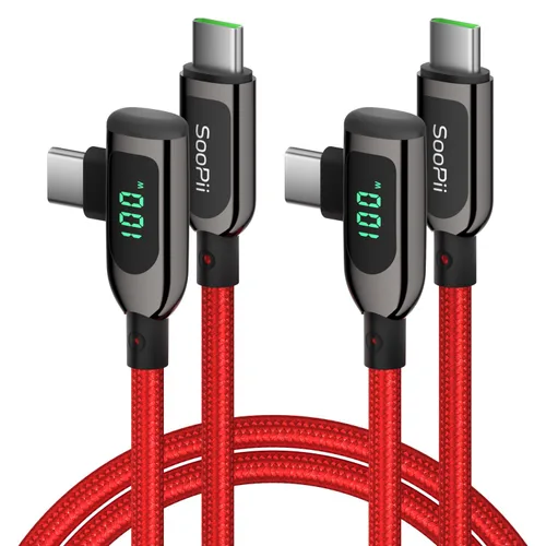 Miniatura 11 de SOOPII 100W Cable USB C a USB C de Ángulo Recto, Cable de Aleación de Zinc de 1 Pie de Tipo-C Trenzado de Nylon con Pantalla LED para iPad