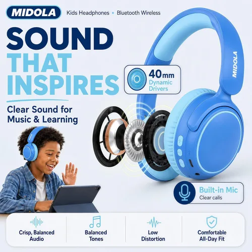 Miniatura 7 de MIDOLA Auriculares para Niños con Cancelación Activa de Ruido Bluetooth 5.4 Inalámbricos con Volumen Limitado 85/94dB, Carga Rápida Tipo C, Sobre